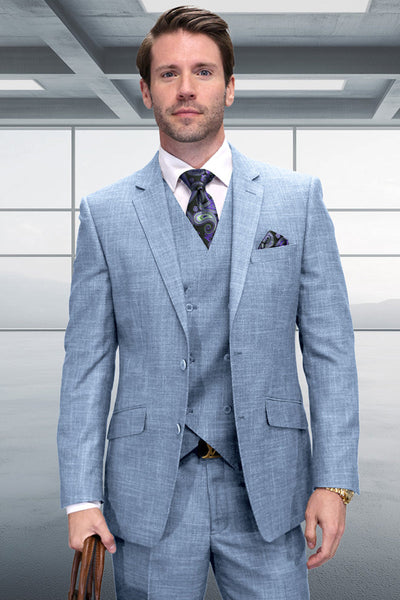 Men's Designer Summer Sharkskin Wool Suit with Double Breated Vest in Light Blue