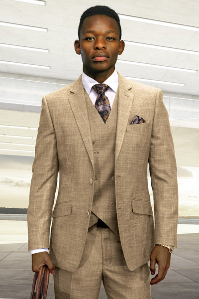 Men's Designer Summer Sharkskin Wool Suit with Double Breated Vest in Camel Tan