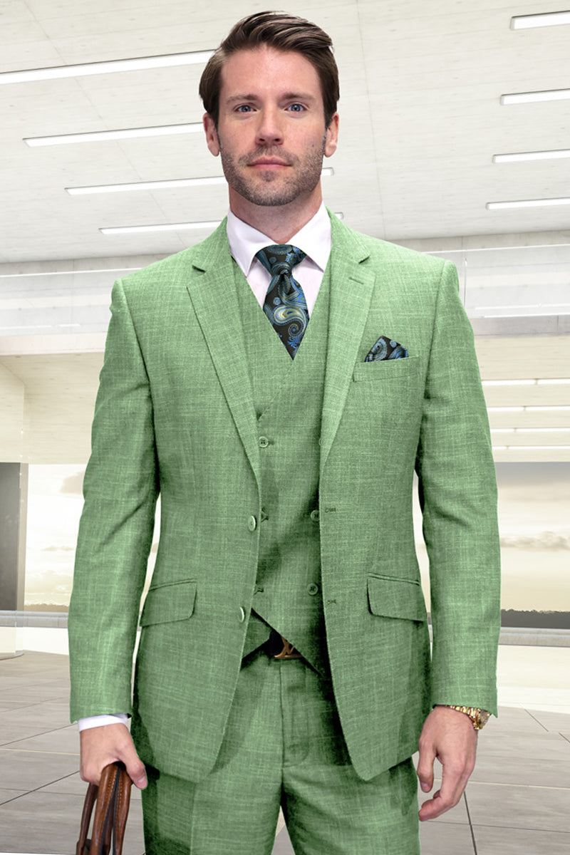 Men's Designer Summer Sharkskin Wool Suit with Double Breated Vest in Mint Green
