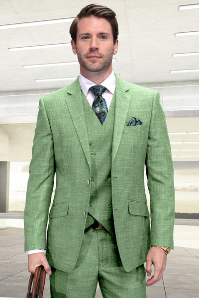 Men's Designer Summer Sharkskin Wool Suit with Double Breated Vest in Mint Green