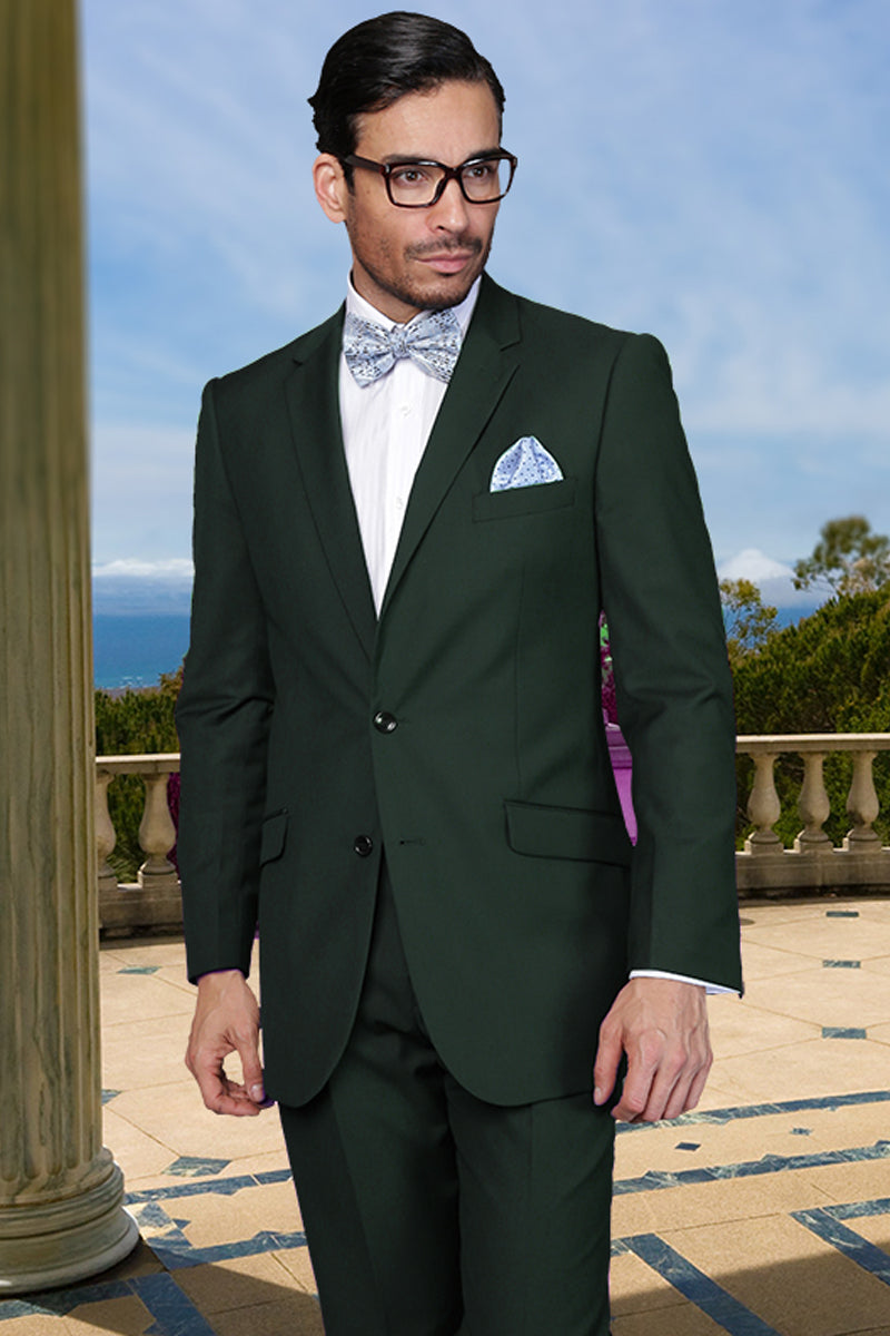 Men's Designer Two Button Modern Fit Wool Suit in Hunter Green