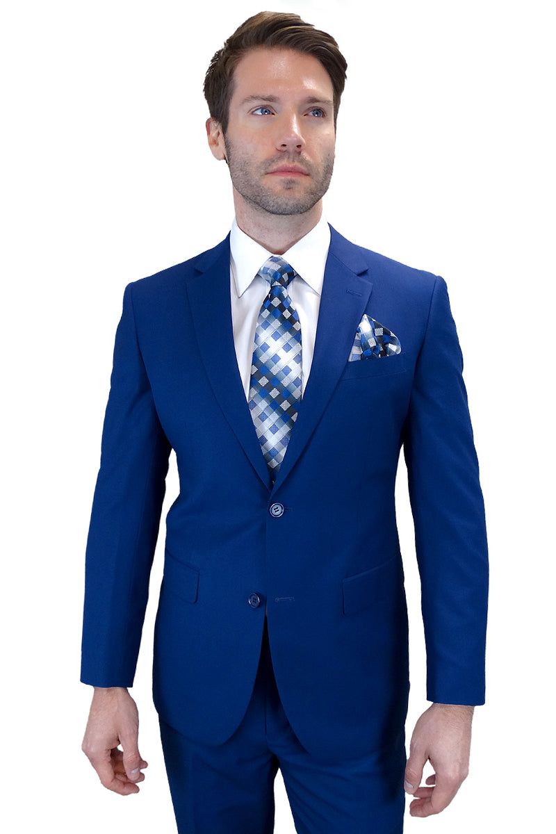 Men's Designer Two Button Modern Fit Wool Suit in Sapphire Blue