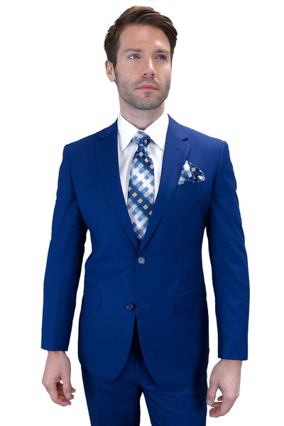 Men's Designer Two Button Modern Fit Wool Suit in Sapphire Blue