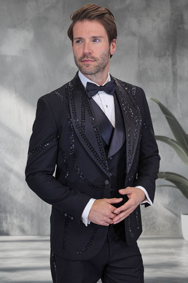 Men's Designer Wool Shawl Lapel Vested Tuxedo with Rhinestones in Black
