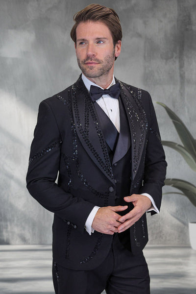 Men's Designer Wool Shawl Lapel Vested Tuxedo with Rhinestones in Black