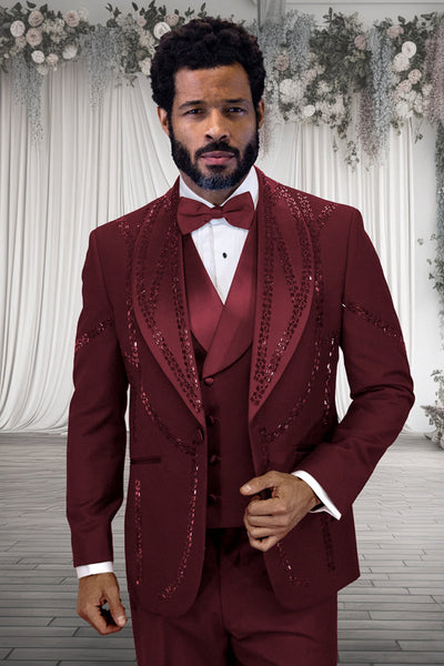 Men's Designer Wool Shawl Lapel Vested Tuxedo with Rhinestones in Burgundy