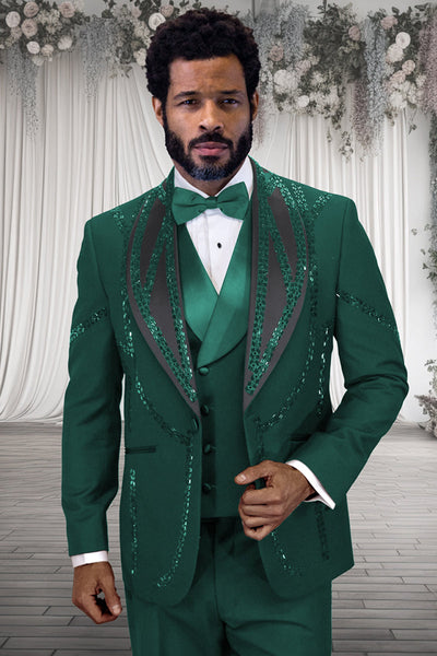 Men's Designer Wool Shawl Lapel Vested Tuxedo with Rhinestones in Hunter Green
