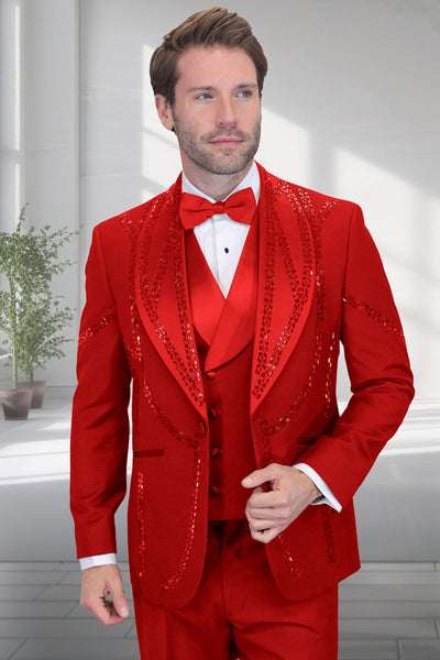 Men's Designer Wool Shawl Lapel Vested Tuxedo with Rhinestones in Red