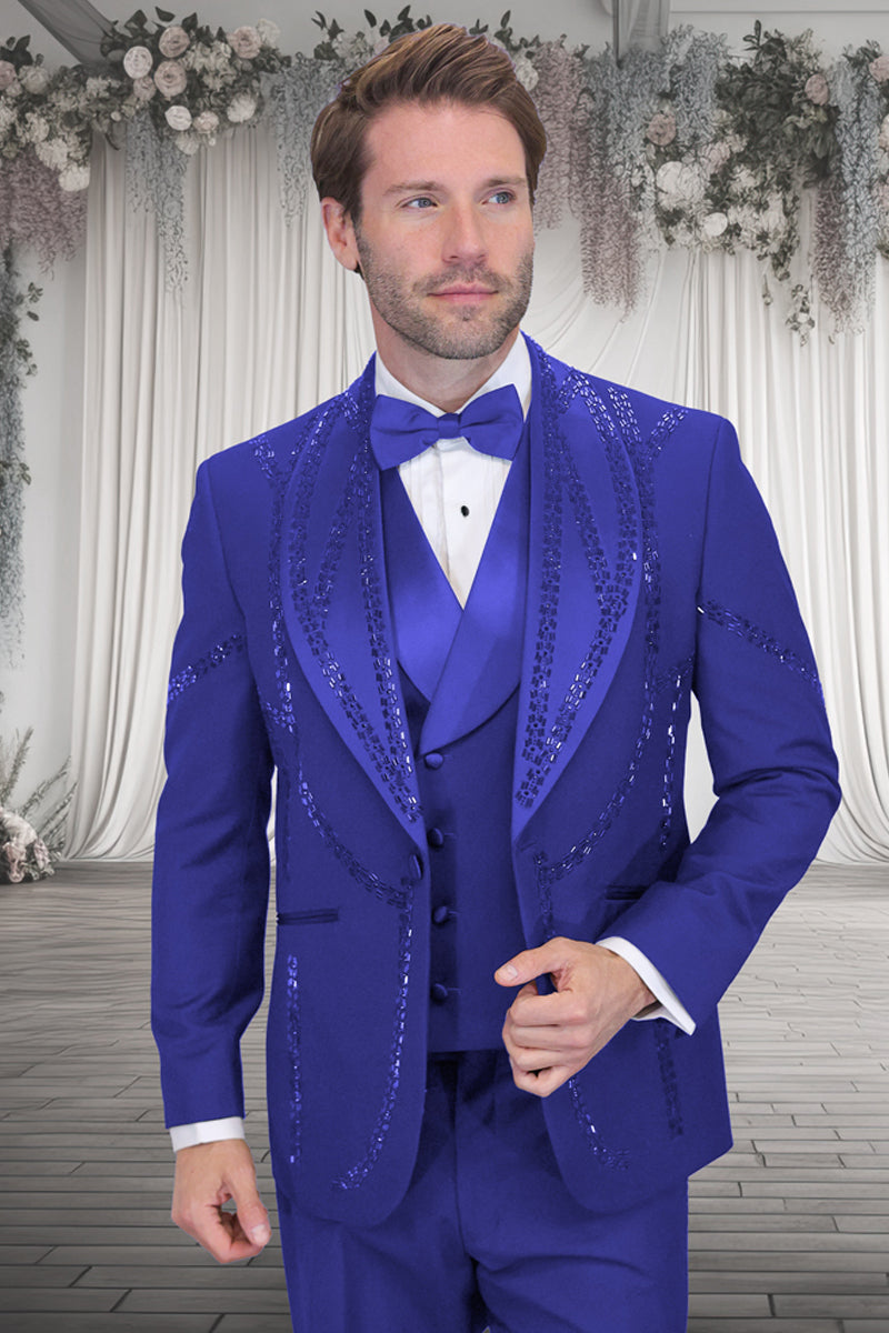 Men's Designer Wool Shawl Lapel Vested Tuxedo with Rhinestones in Royal Blue