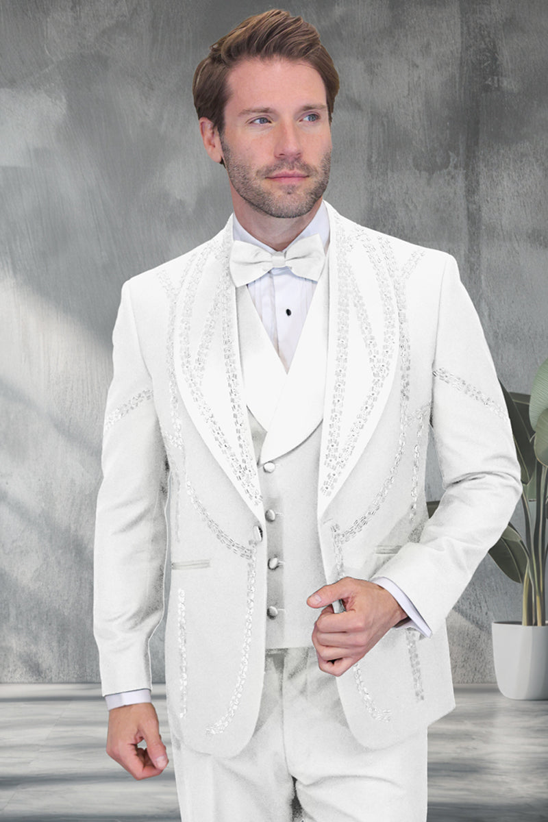 Men's Designer Wool Shawl Lapel Vested Tuxedo with Rhinestones in White