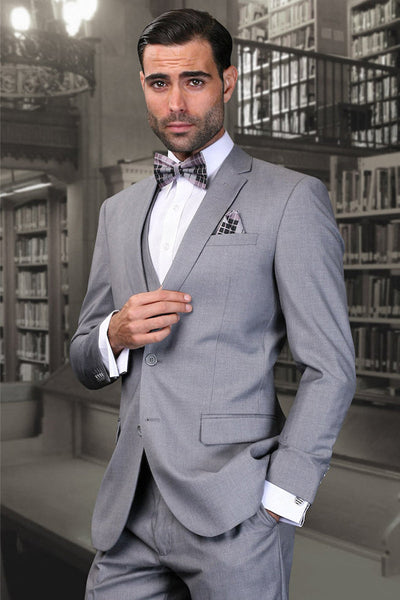 Men's Two Button Designer Modern Fit Wool Vested Suit in Light Grey