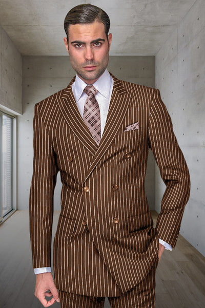 Men's Designer Double Breasted Wool Suit in Bold Bronze Gangster Pinstripe.