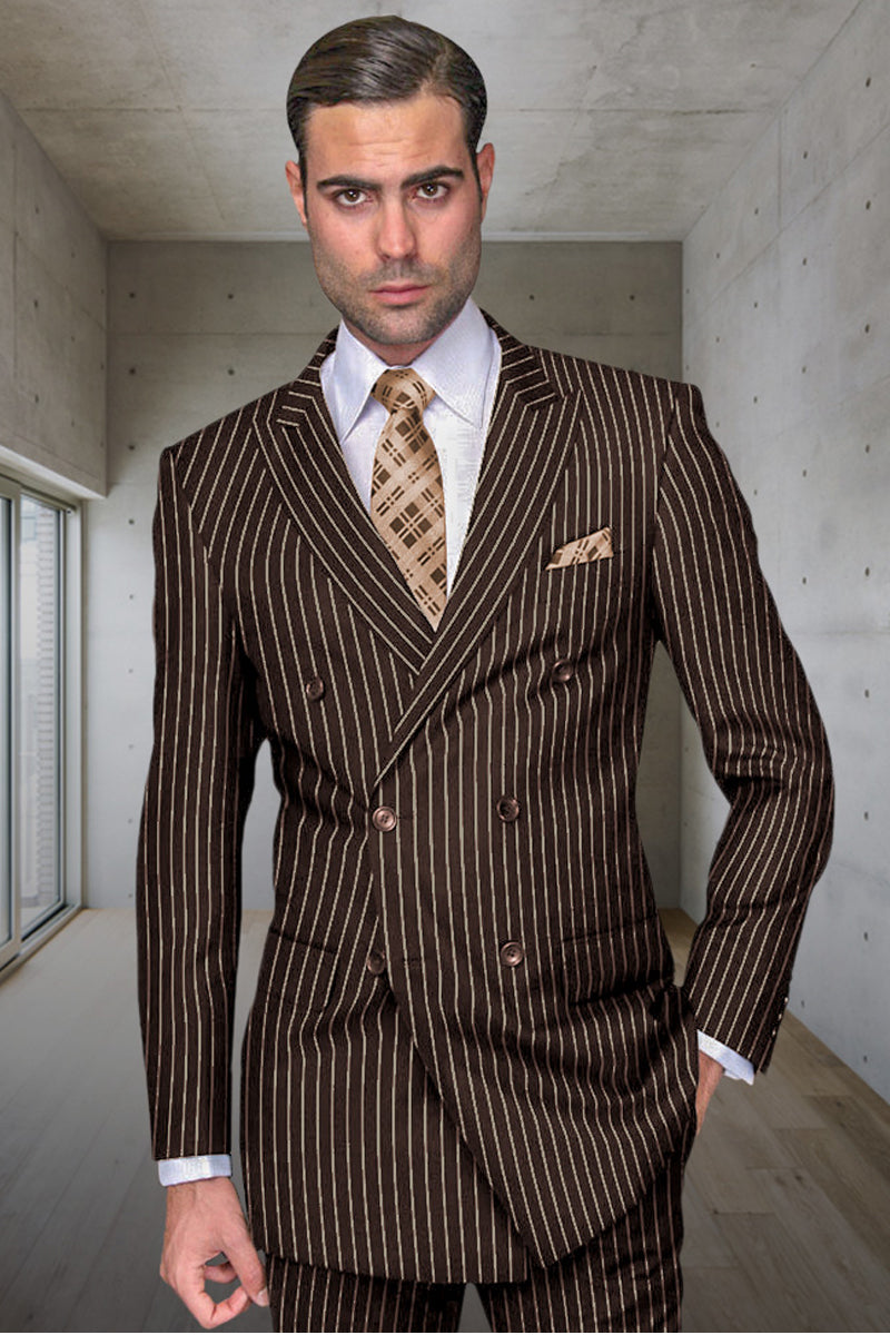 Men's Designer Double Breasted Wool Suit in Bold Brown Gangster Pinstripe.