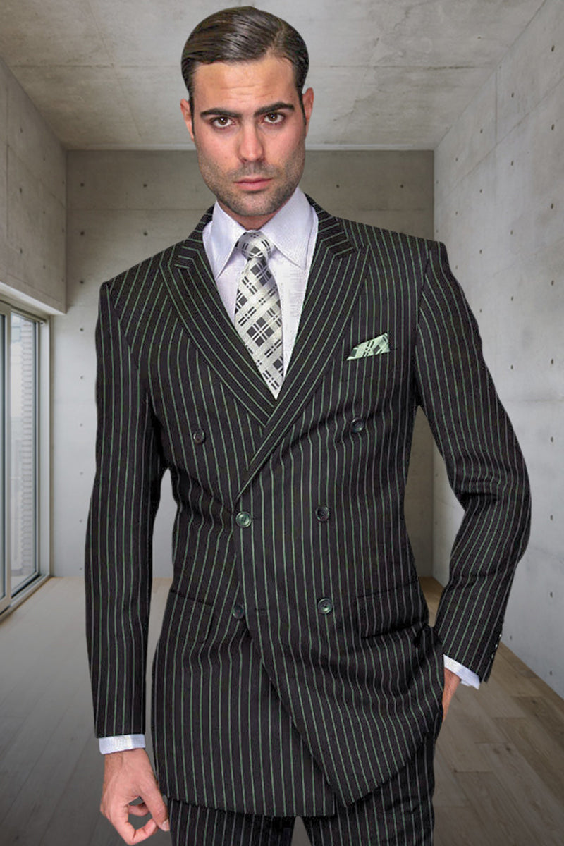 Men's Designer Double Breasted Wool Suit in Bold Hunter Green Gangster Pinstripe.