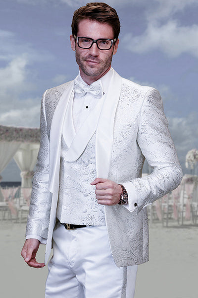 Men's Vested Shiny Paisley Prom & Wedding Tuxedo in White