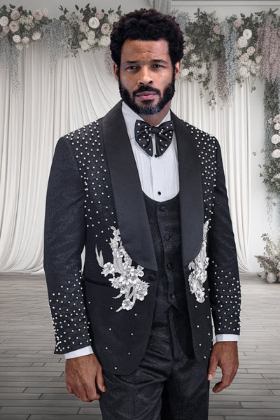Men's Designer High Fashion Vested Studded Floral Paisley Prom & Wedding Tuxedo in Black & Silver
