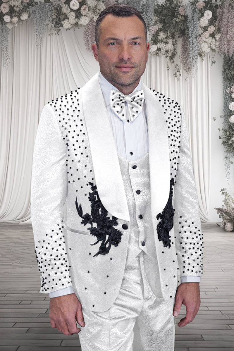 Men's Designer High Fashion Vested Studded Floral Paisley Prom & Wedding Tuxedo in White & Black