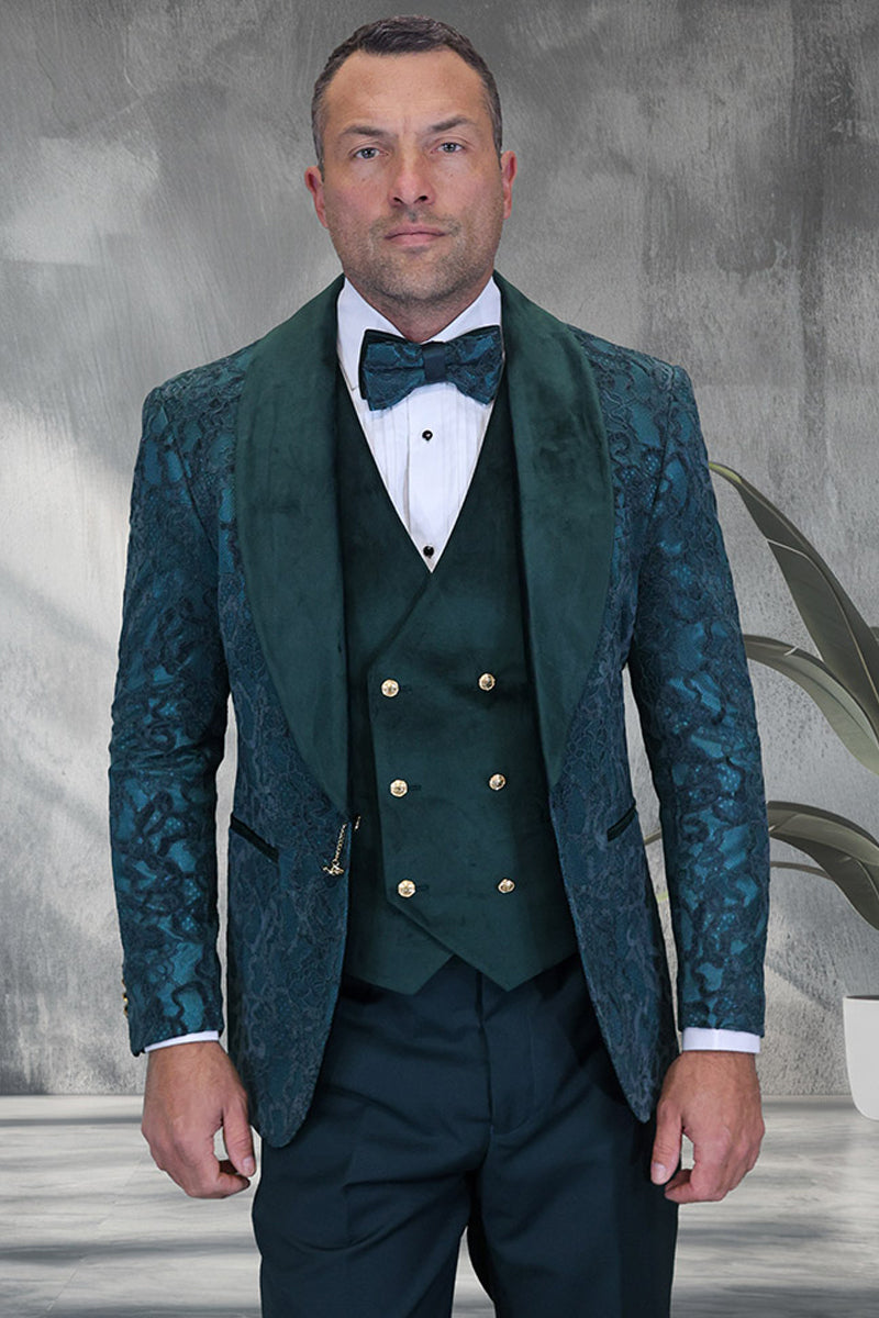 Men's Tonal Paisley Wedding & Prom Tuxedo with Velvet Lapel & Vest in Hunter Green