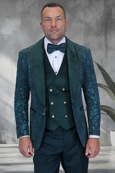 Men's Tonal Paisley Wedding & Prom Tuxedo with Velvet Lapel & Vest in Hunter Green