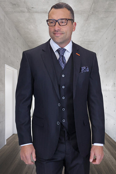 Men's Designer Modern Fit Vested Wool Suit in Black Herringbone Shadow Pinstripe
