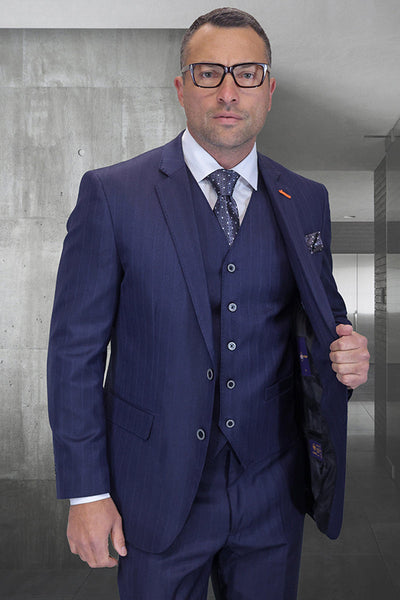 Men's Designer Modern Fit Vested Wool Suit in Navy Herringbone Shadow Pinstripe