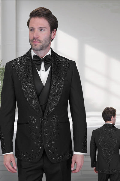 Men's Designer Embelished Rhinestone Jacquard Pattern Wedding & Prom Tuxedo in Black