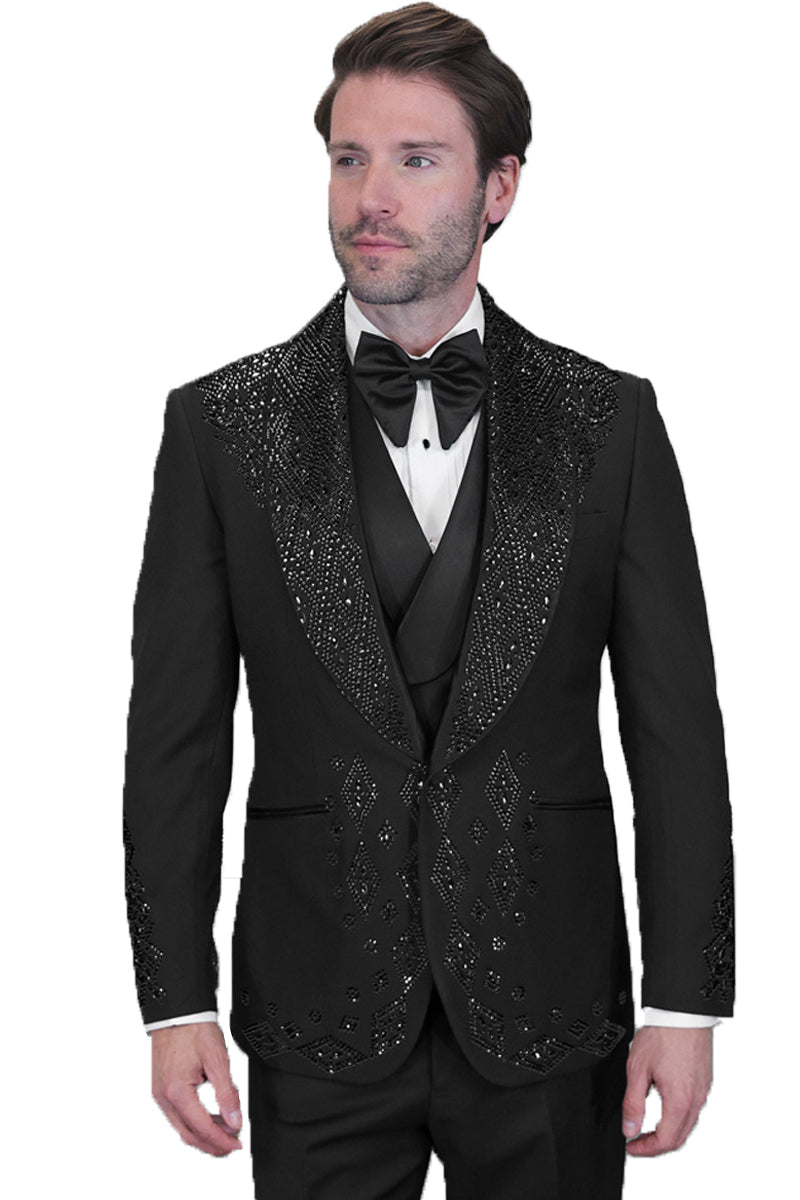 Men's Designer Embelished Rhinestone Jacquard Pattern Wedding & Prom Tuxedo in Black