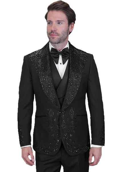 Men's Designer Embelished Rhinestone Jacquard Pattern Wedding & Prom Tuxedo in Black