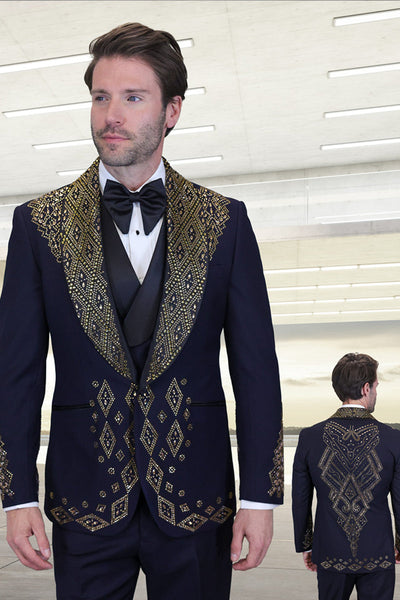 Men's Designer Embelished Rhinestone Jacquard Pattern Wedding & Prom Tuxedo in Black & Gold