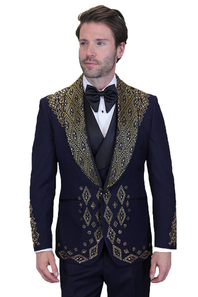 Men's Designer Embelished Rhinestone Jacquard Pattern Wedding & Prom Tuxedo in Black & Gold