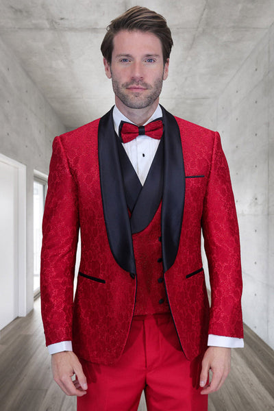 Men's Designer Vested Floral Lace Wedding Tuxedo in Red