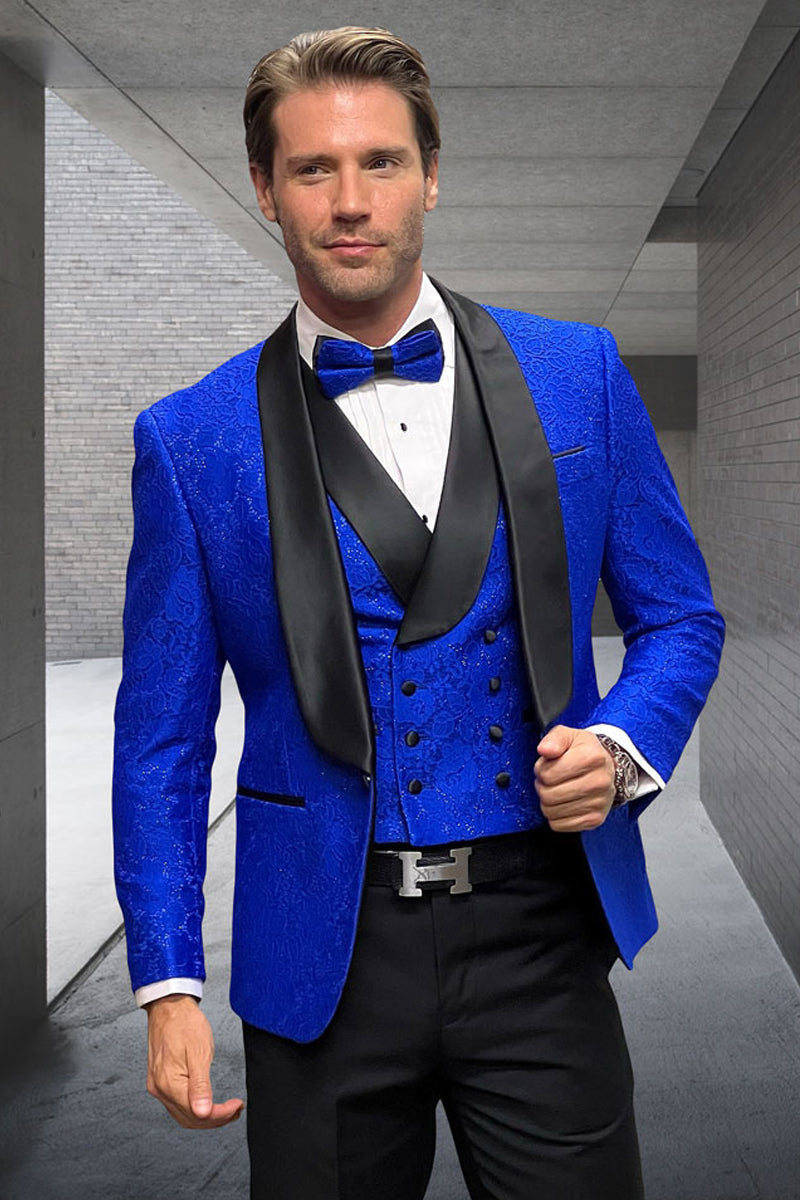 Men's Designer Vested Floral Lace Wedding Tuxedo in Sapphire Blue