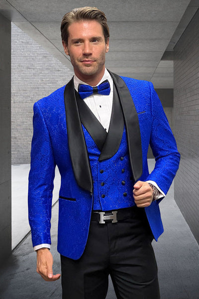 Men's Designer Vested Floral Lace Wedding Tuxedo in Sapphire Blue
