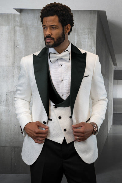 Men's Designer Vested Contrast Peak Lapel Wool Wedding & Prom Tuxedo in White Paisley & Black