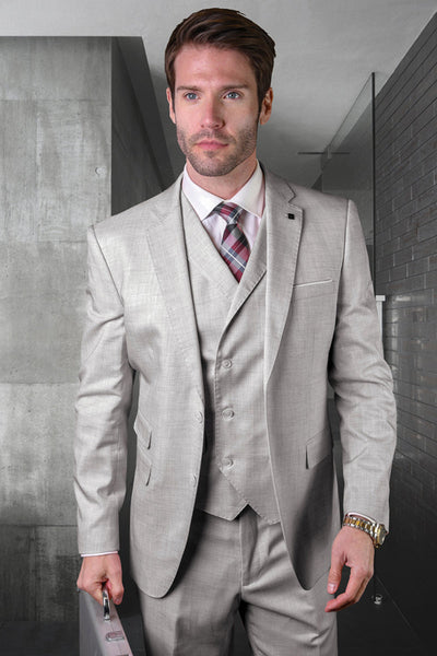 Men's Modern Fit Designer Summer Wool Suit in Light Grey with a Double Breasted Vest