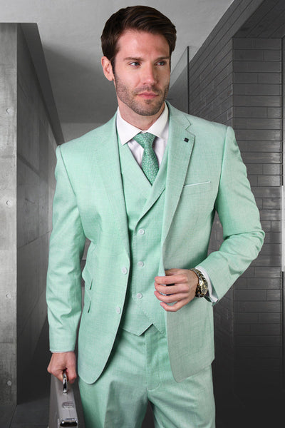 Men's Modern Fit Designer Summer Wool Suit in Mint Green with a Double Breasted Vest