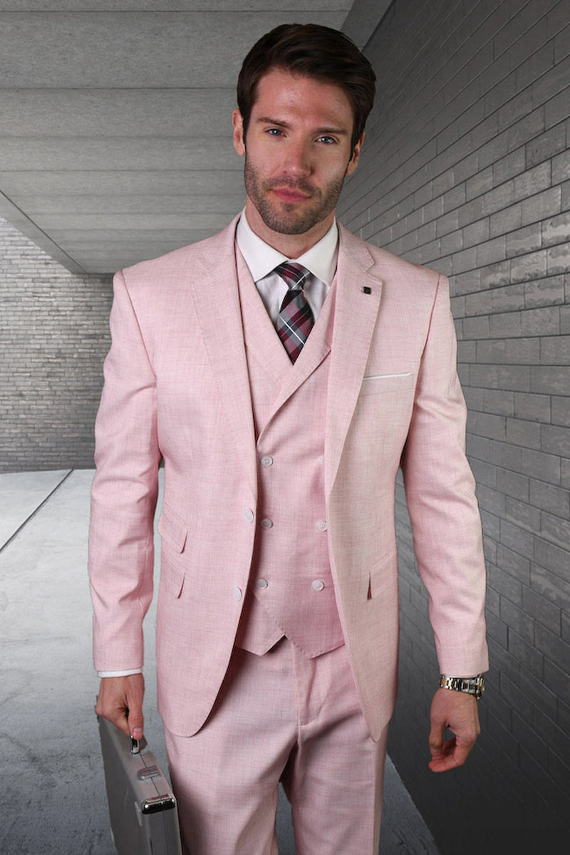 Men's Modern Fit Designer Summer Wool Suit in Pink with a Double Breasted Vest