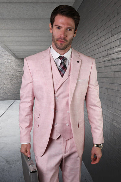 Men's Modern Fit Designer Summer Wool Suit in Pink with a Double Breasted Vest