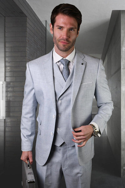Men's Modern Fit Designer Summer Wool Suit in Powder Blue with a Double Breasted Vest