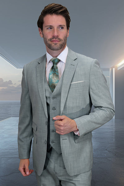 Men's Designer Two Button Vested Summer Sharkskin Wool Suit in Aqua Blue