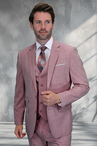 Men's Designer Two Button Vested Summer Sharkskin Wool Suit in Blush Pink