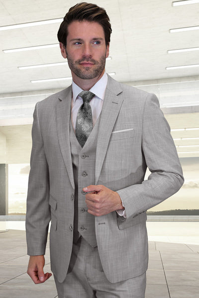 Men's Designer Two Button Vested Summer Sharkskin Wool Suit in Grey