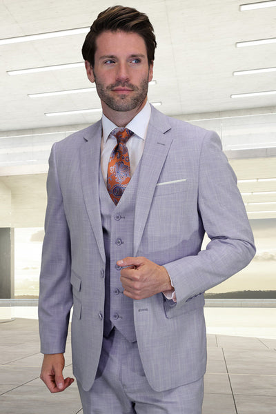 Men's Designer Two Button Vested Summer Sharkskin Wool Suit in Lavender