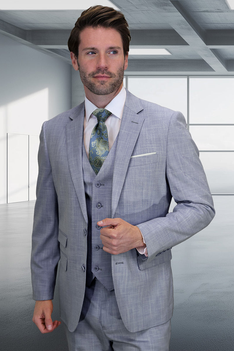 Men's Designer Two Button Vested Summer Sharkskin Wool Suit in Sky Blue