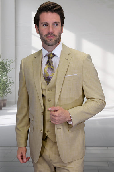 Men's Designer Two Button Vested Summer Sharkskin Wool Suit in Tan