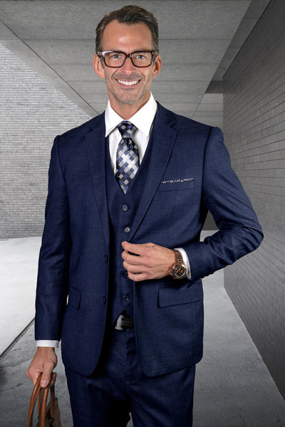 Men's Designer Modern Fit Vested Wool Sharkskin Suit in Navy