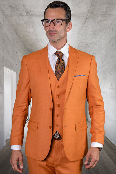 Men's Designer Modern Fit Vested Wool Sharkskin Suit in Rust