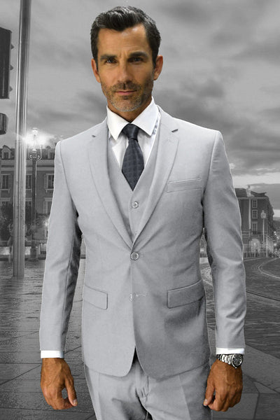 Men's Designer Slim Fit Vested Wool Wedding Suit in Light Grey