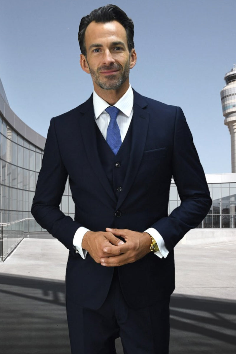 Men's Designer Slim Fit Vested Wool Wedding Suit in Navy Blue