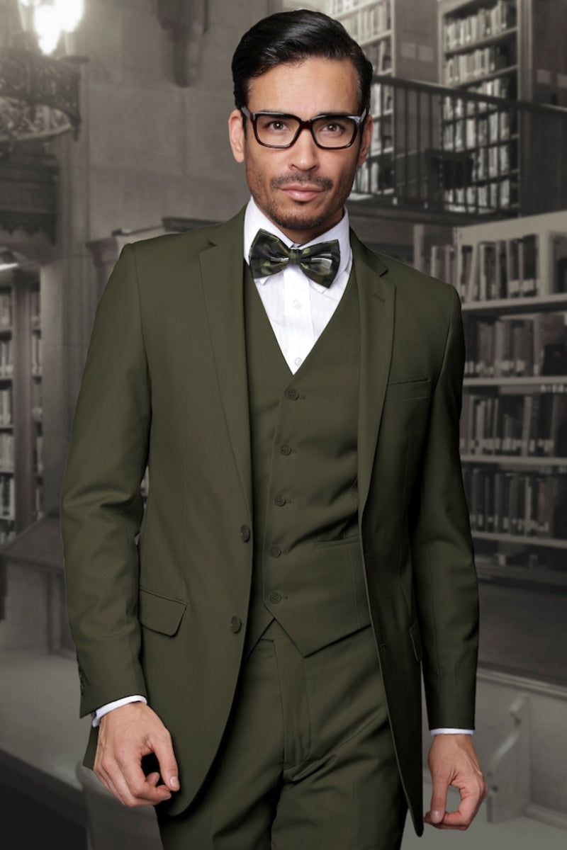 Men's Designer Slim Fit Vested Wool Wedding Suit in Olive Green